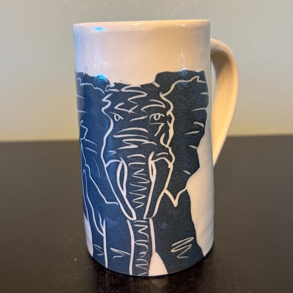 Handcrafted  Embossed Elephant Pottery Mug with Sgraffito Style Woodcut Look - Picture 2 of 10